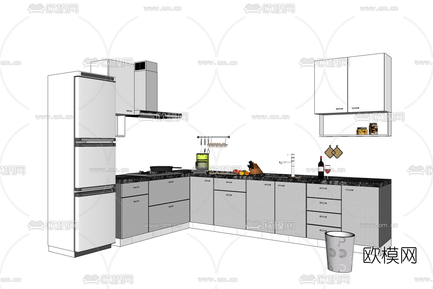 现代实木橱柜免费su模型下载