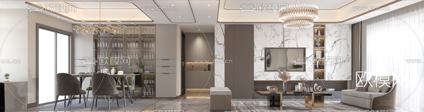 后现代轻奢客厅餐厅3d模型
