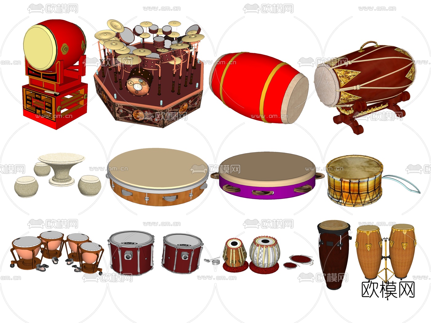中式架子鼓乐器su模型下载