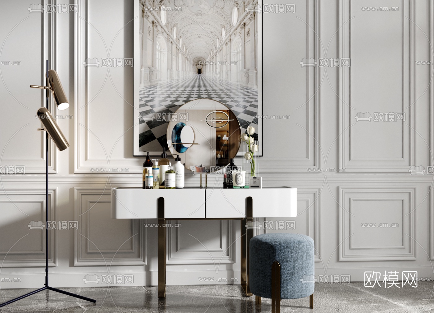 现代轻奢梳妆台3d模型下载（渲染图2）