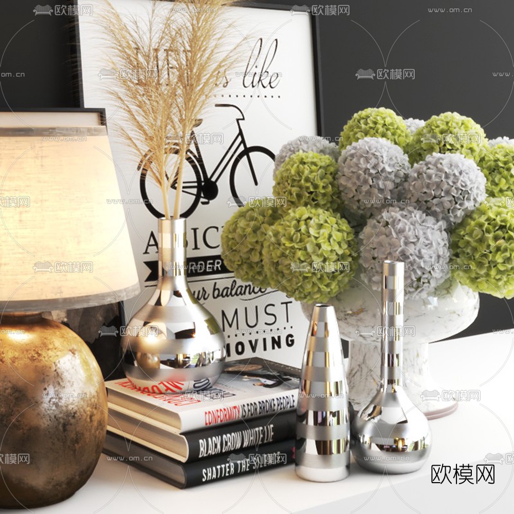 现代花瓶绣球花装饰画摆件3d模型