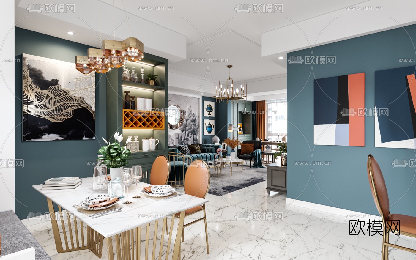 后现代轻奢客厅餐厅玄关3d模型
