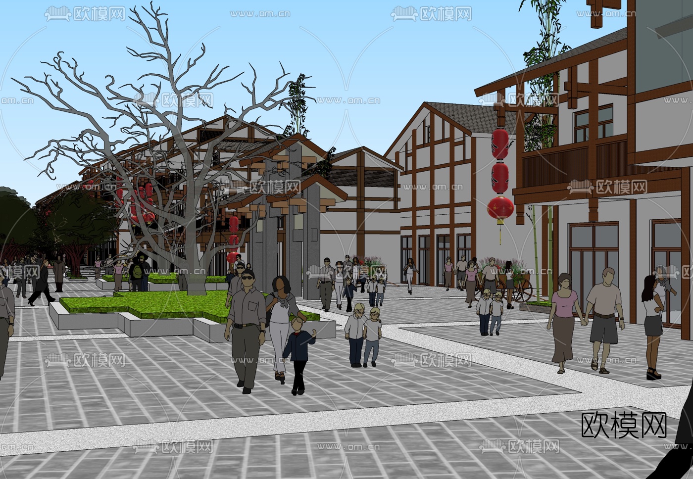 新中式商业街免费su模型