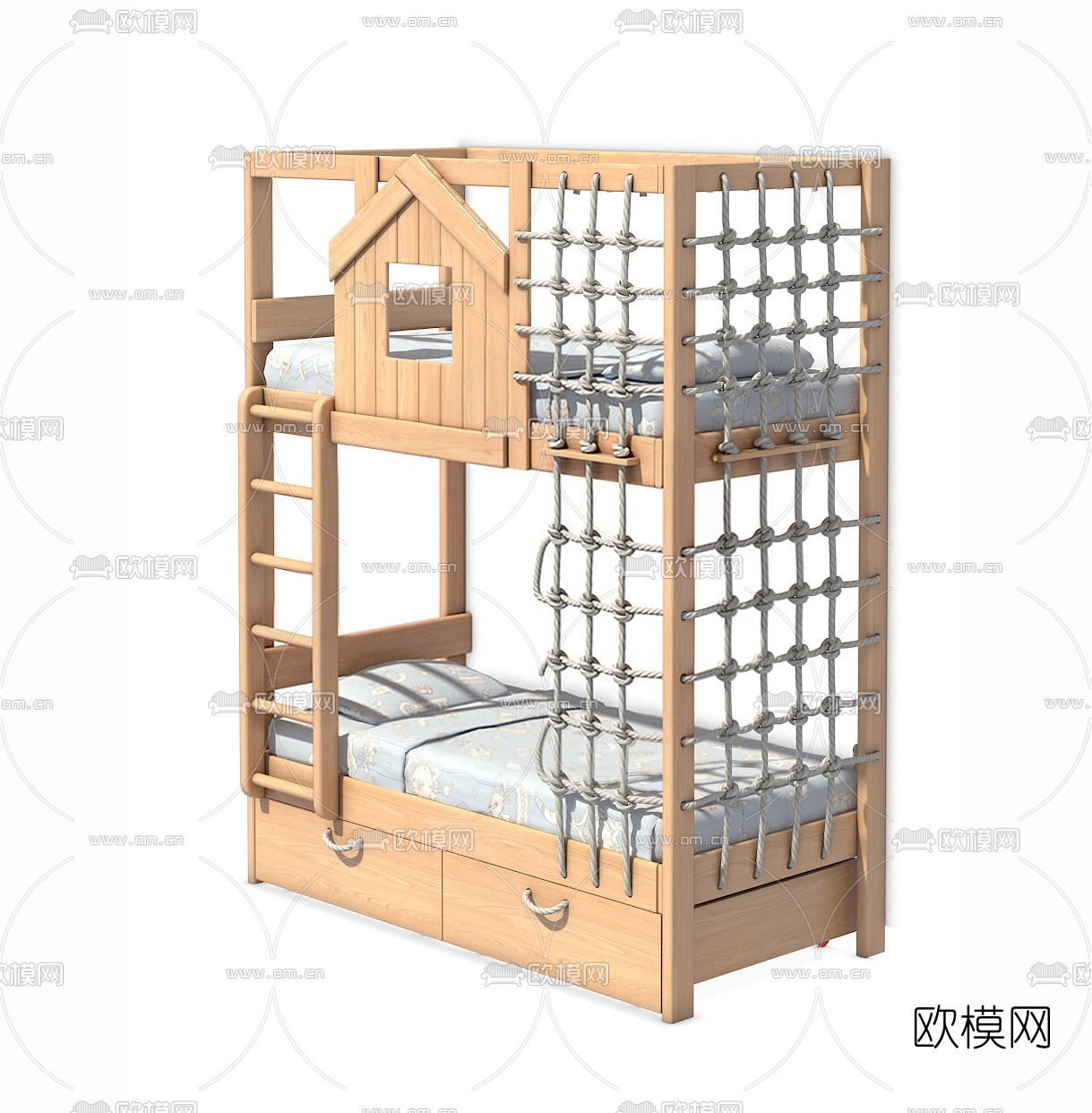 北欧原木上下铺儿童床3d模型下载