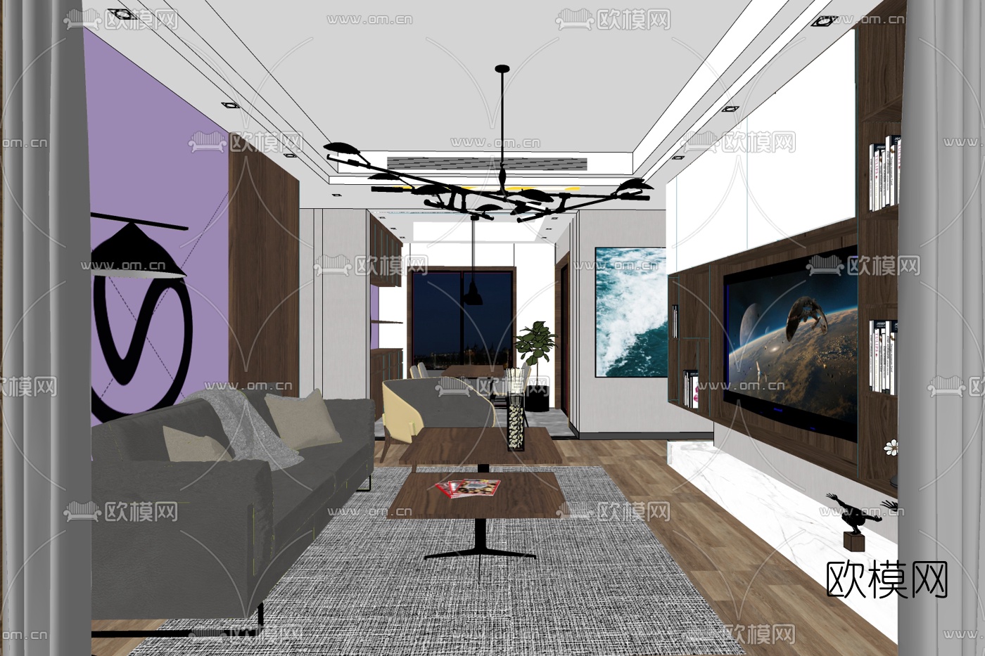 现代客厅免费su模型下载