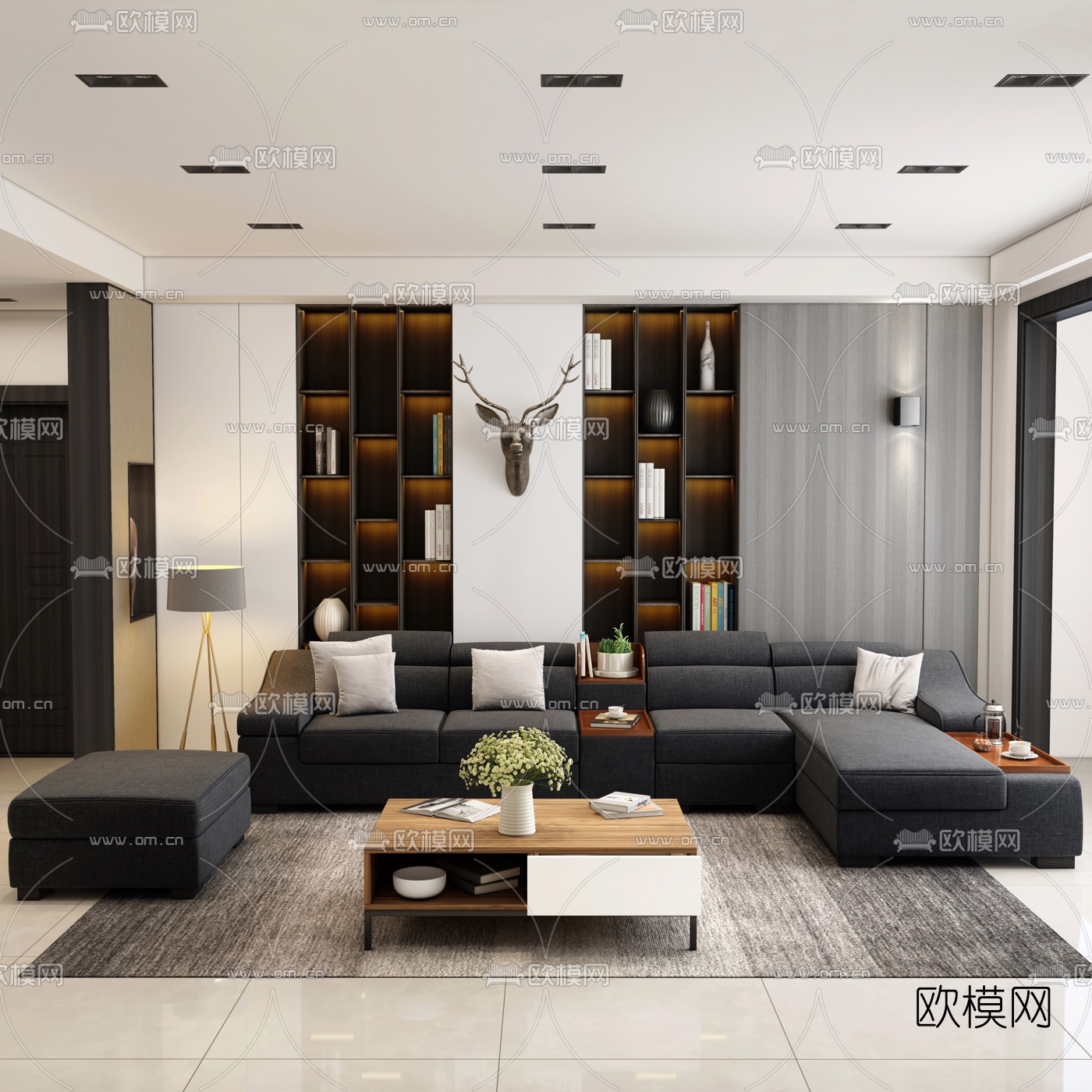 现代客厅沙发组合3d模型-免费3dmax模型库-欧模网