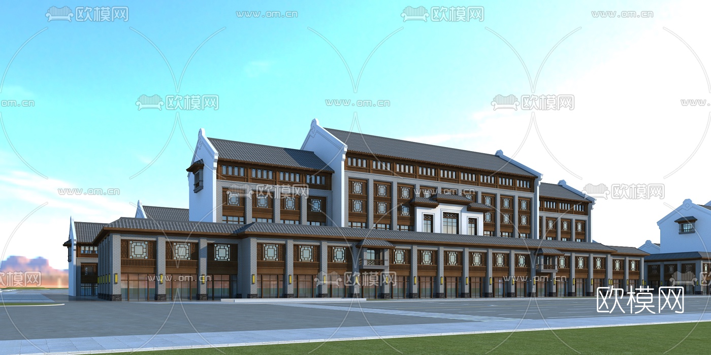 新中式徽派商业街3d模型下载（渲染图2）