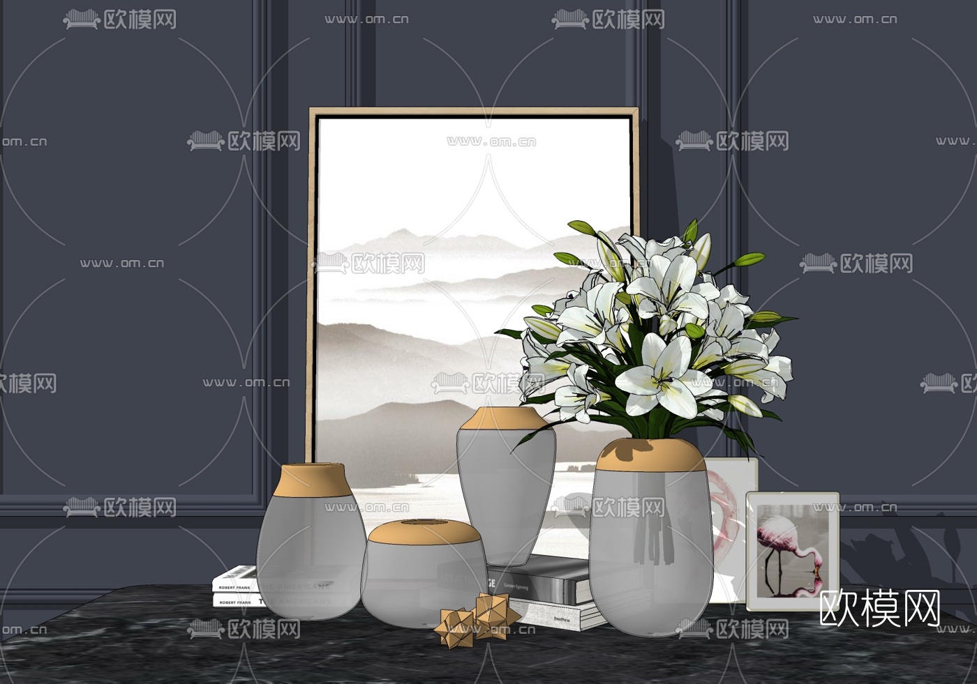 现代花瓶花卉书籍摆件su模型