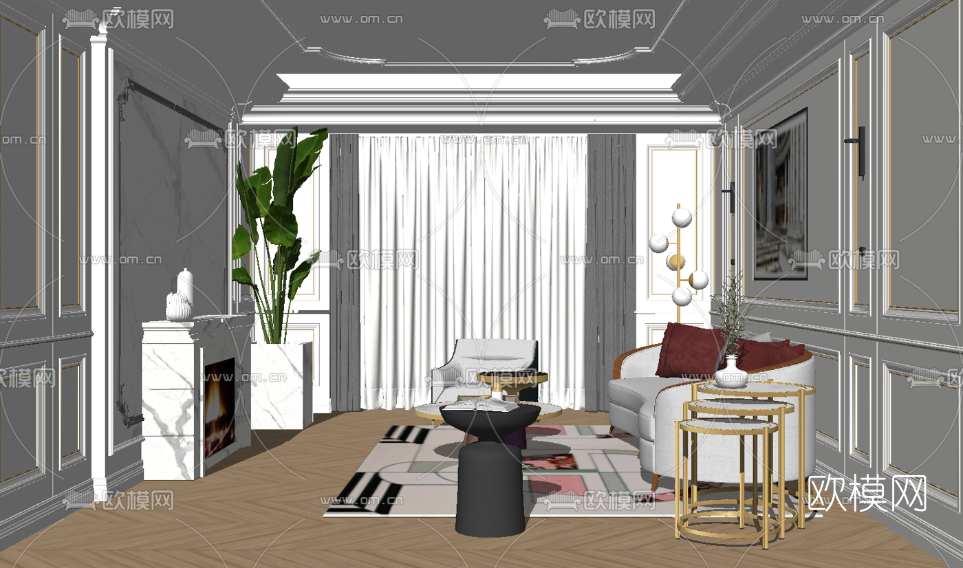 简欧客厅su模型下载