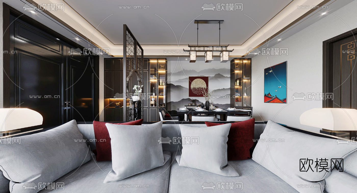 新中式客厅餐厅cr全景3d模型