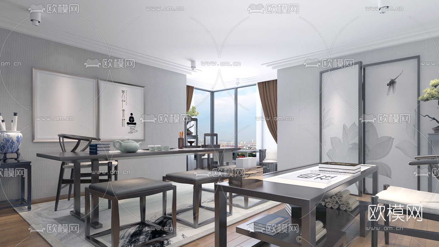 新中式禅意书房茶室免费3d模型