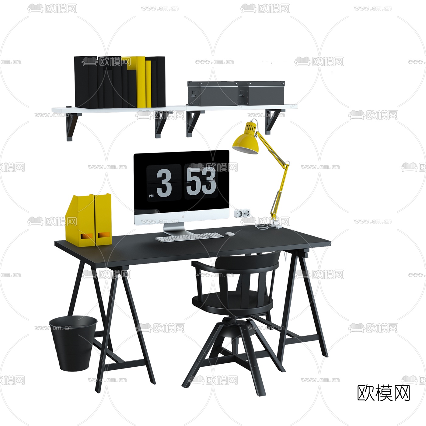 现代实木书桌椅3d模型下载