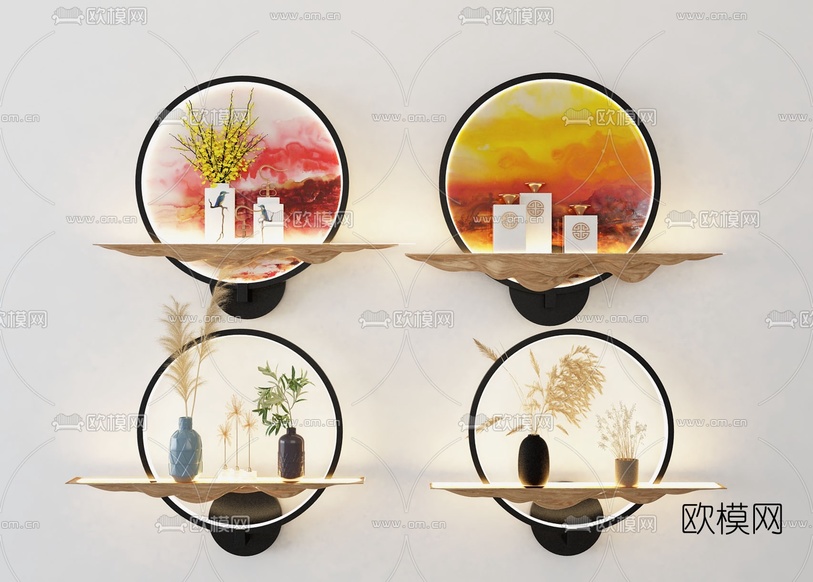 新中式圆形创意壁灯3d模型下载