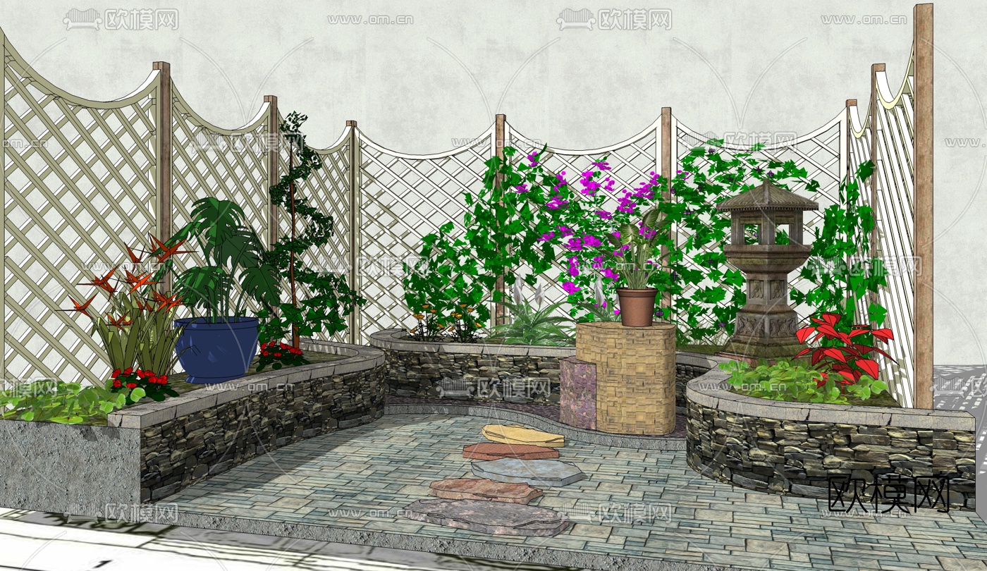 中式庭院花园景观su模型下载（渲染图1）