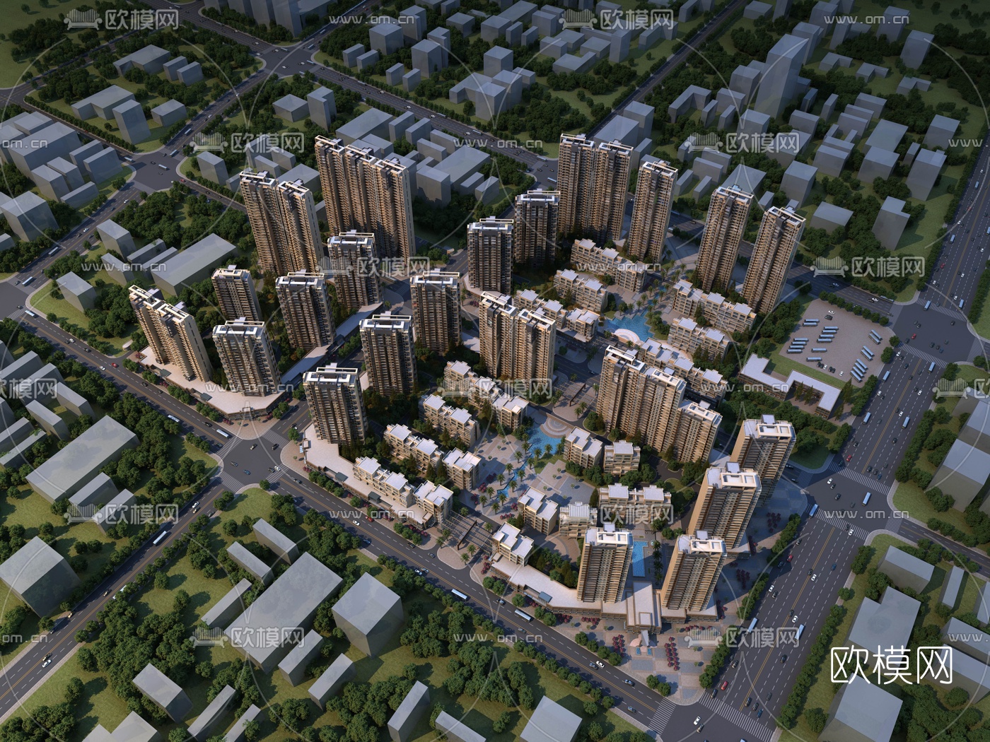 现代住宅小区鸟瞰3d模型