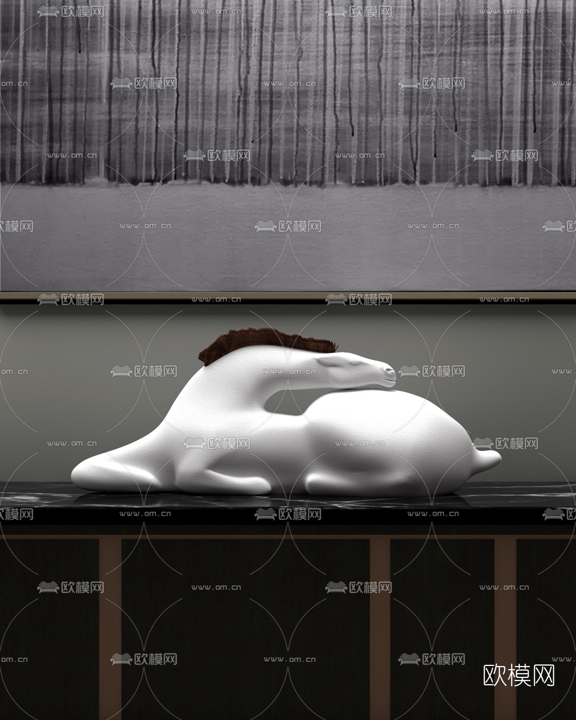 蓝途艺术设计 新中式纯白陶艺卧马摆件3d模型下载