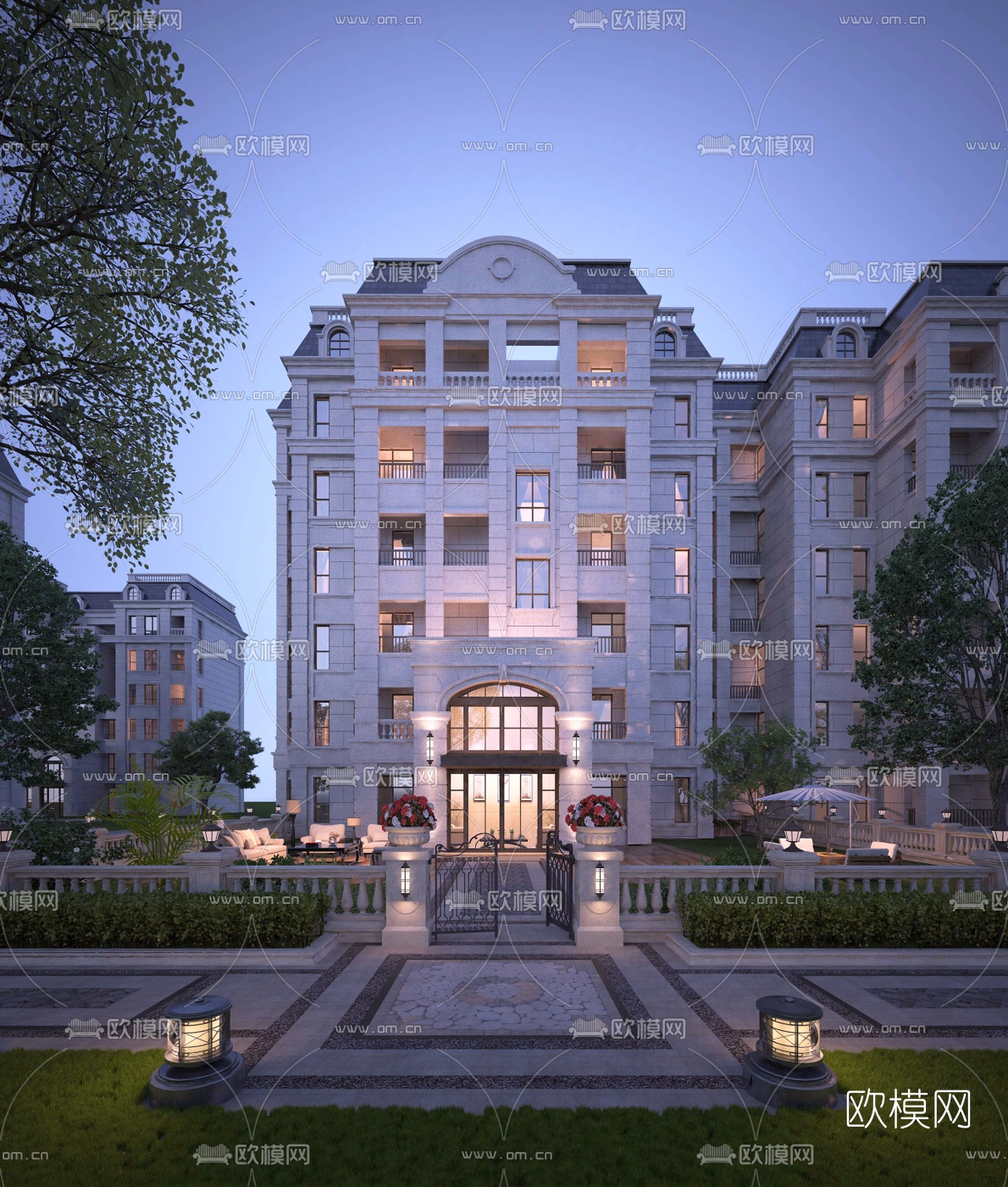 欧式住宅楼外观夜景3d模型下载
