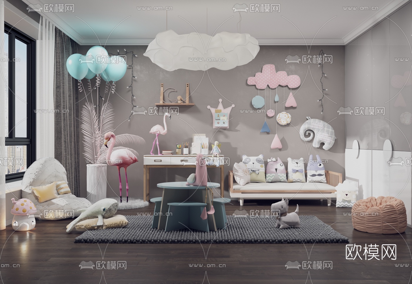 北欧粉色公主儿童房3d模型