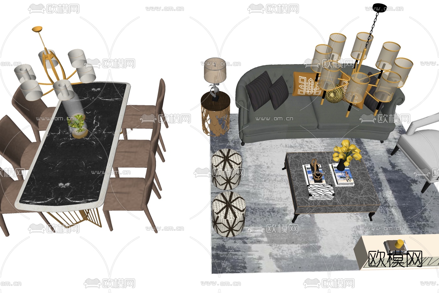 简欧布艺沙发组合免费su模型下载