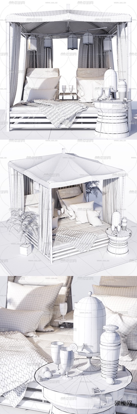 现代户外沙发床遮阳床遮阳伞3d模型下载（渲染图3）