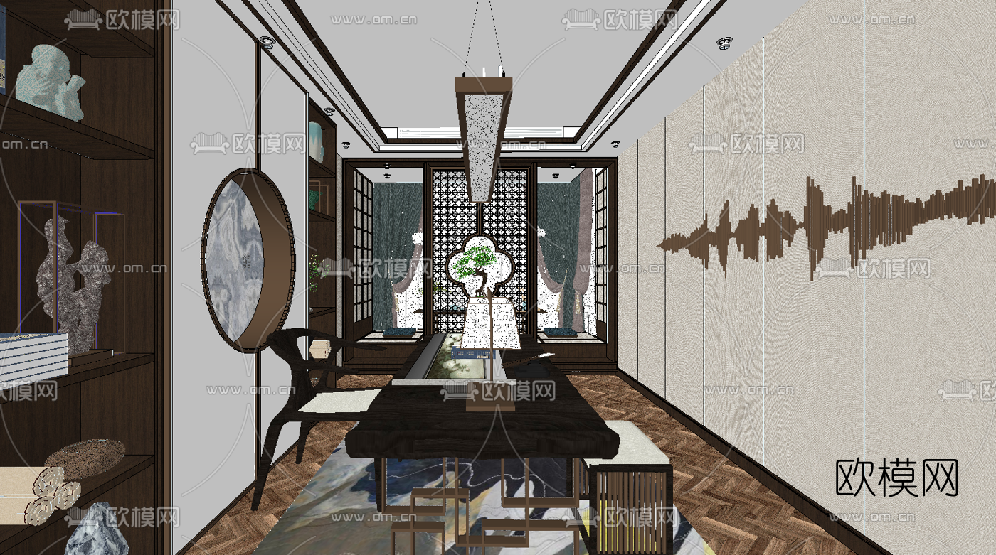 新中式书房su模型下载（渲染图3）