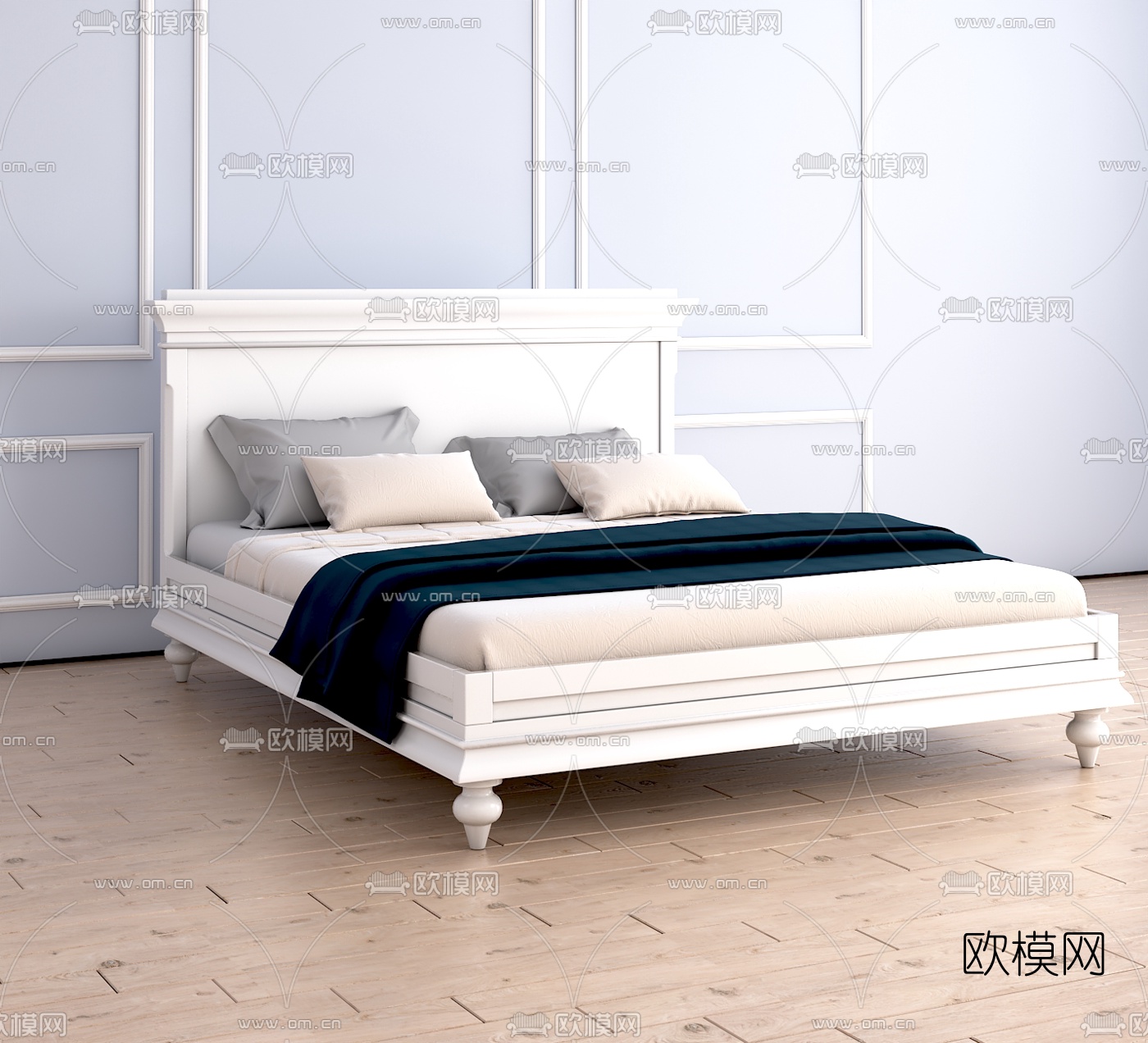 欧式双人床免费3d模型下载（渲染图1）