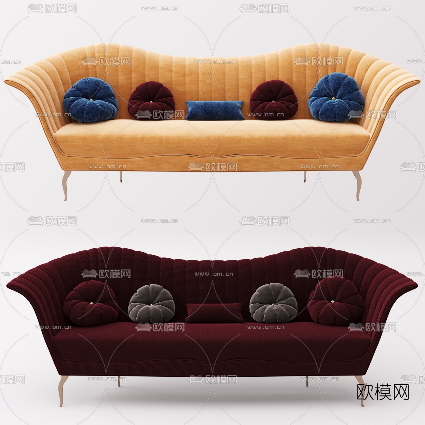 简欧布艺多人沙发3d模型下载（渲染图1）
