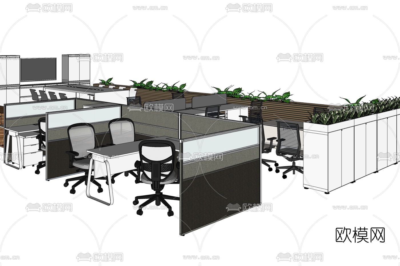 现代敞开式办公室免费su模型下载