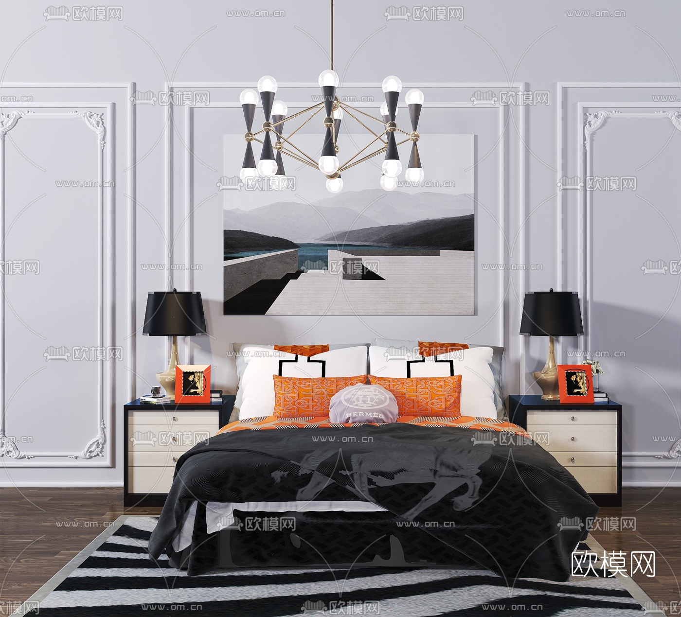 后现代布艺双人床3d模型下载（渲染图1）