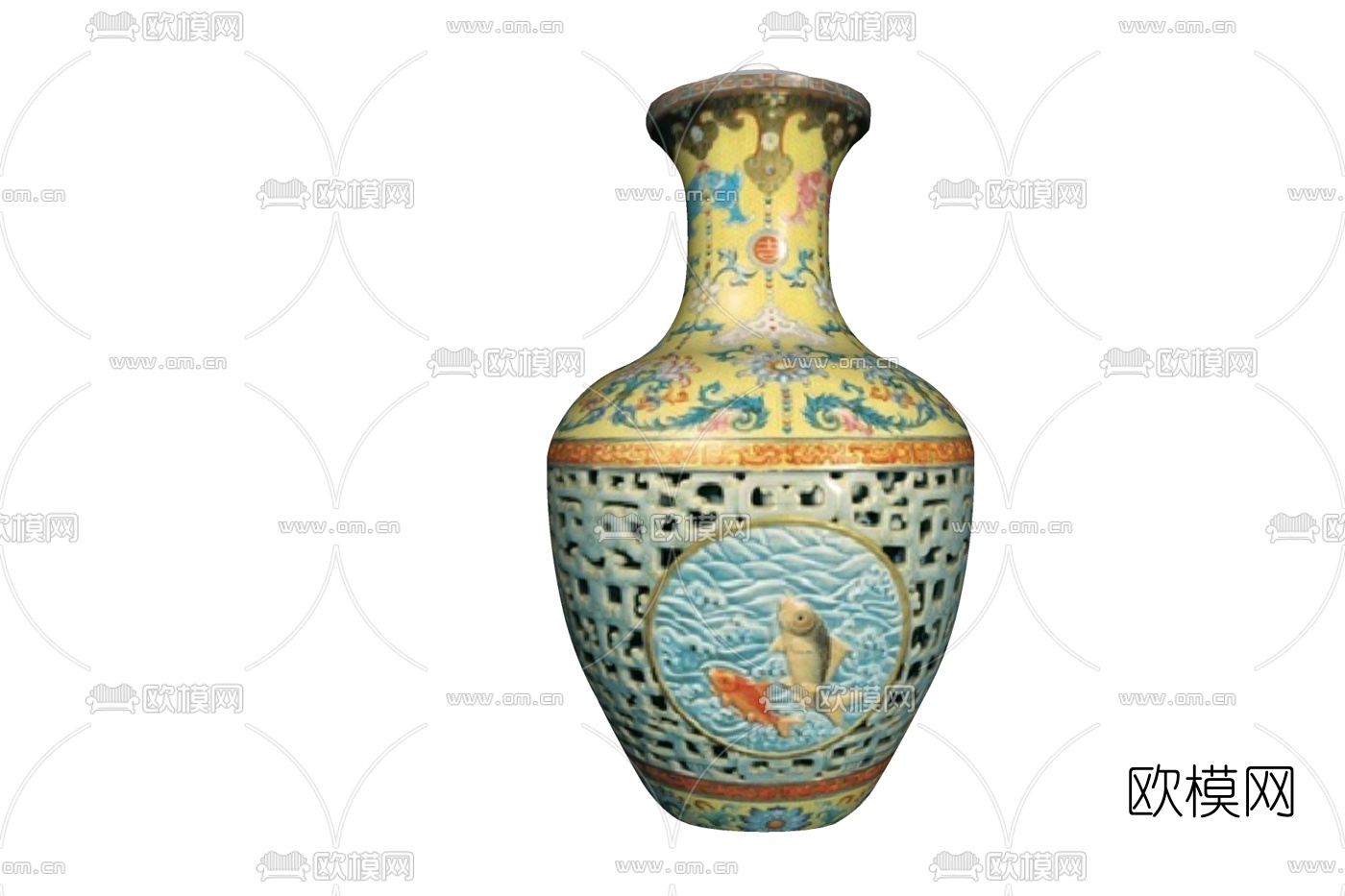 中式印花陶瓷花瓶免费su模型下载