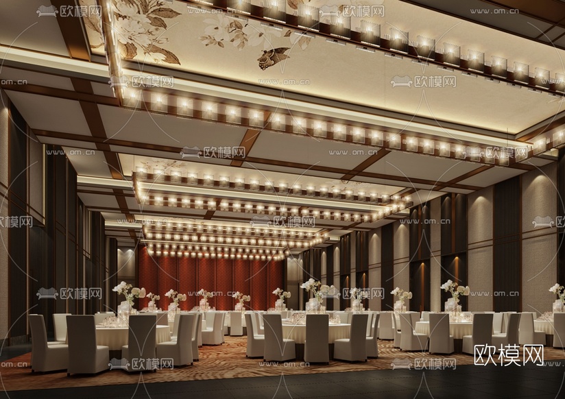 新中式酒店宴会厅3d模型下载(渲染图1)