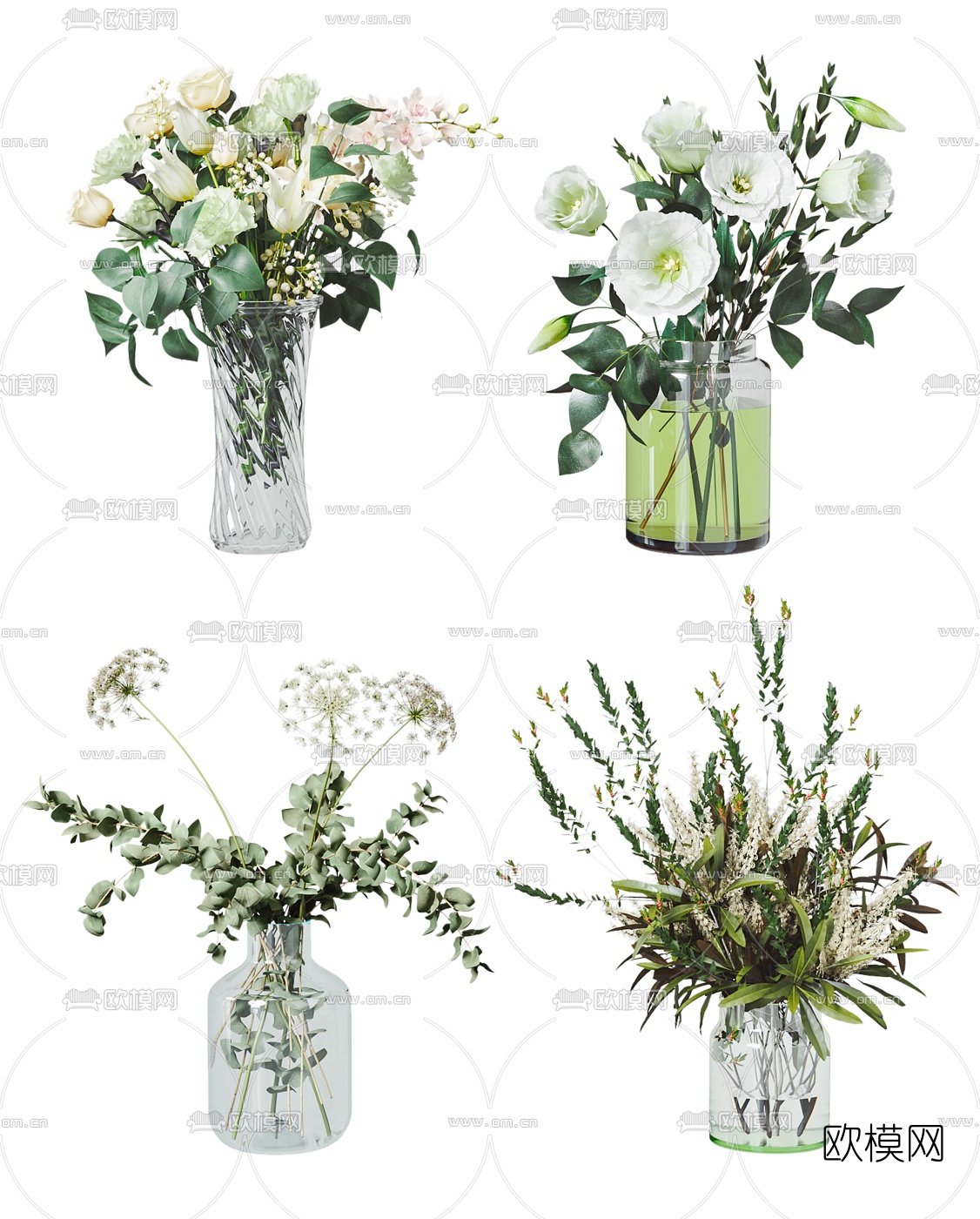 现代花瓶玫瑰蒲公英花卉3d模型下载