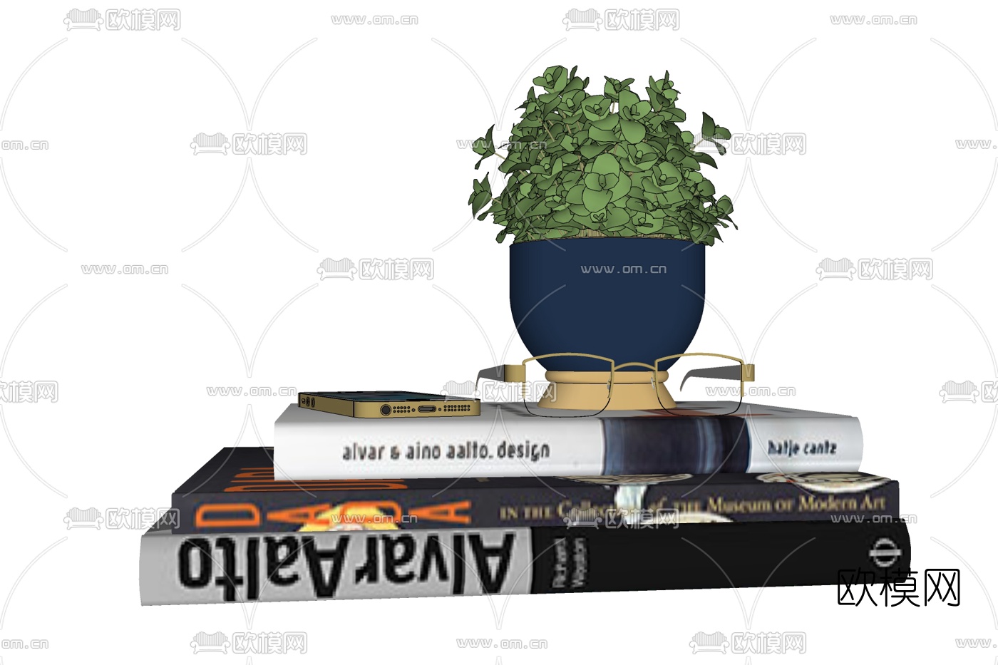 现代书籍盆栽摆件免费su模型下载