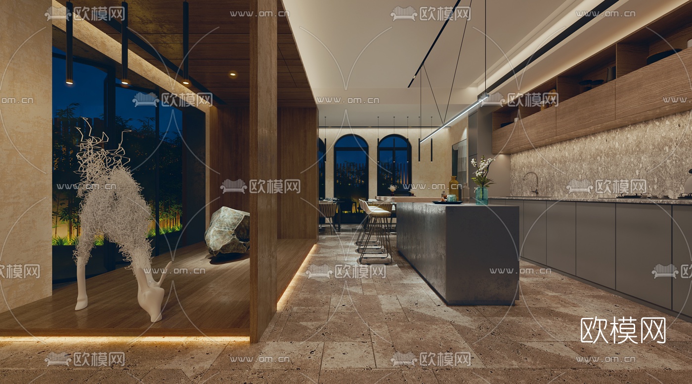 现代民宿大堂餐厅过道3d模型下载（渲染图5）