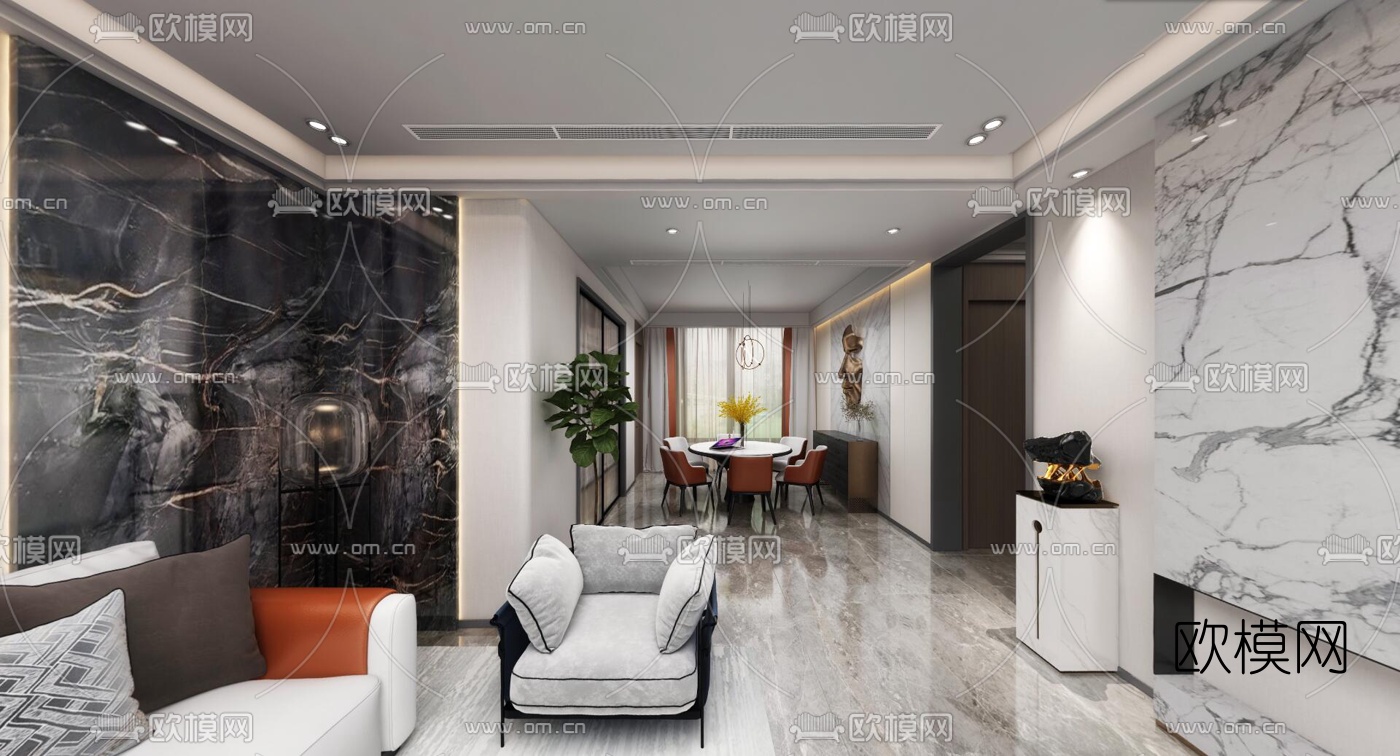 现代轻奢客厅餐厅vr全景3d模型