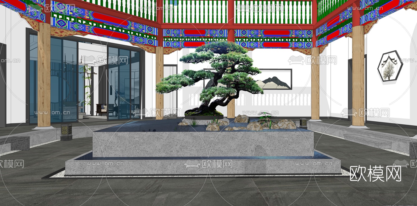 新中式酒店大厅su模型下载（渲染图3）