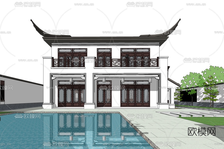 新中式独栋别墅免费su模型下载_ID10075777_sketchup模型下载-欧模网