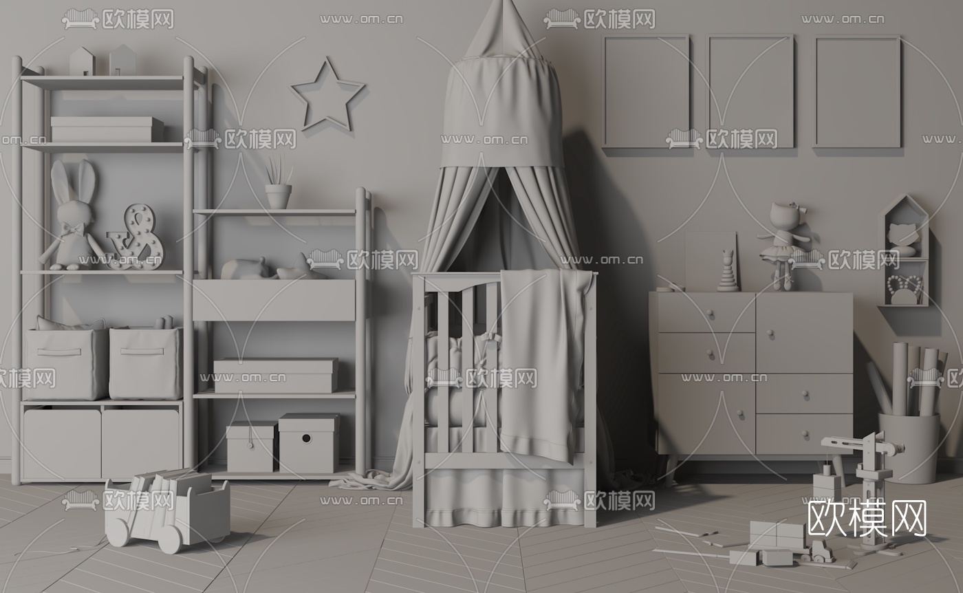 北欧婴儿床儿童柜组合3d模型下载（渲染图2）
