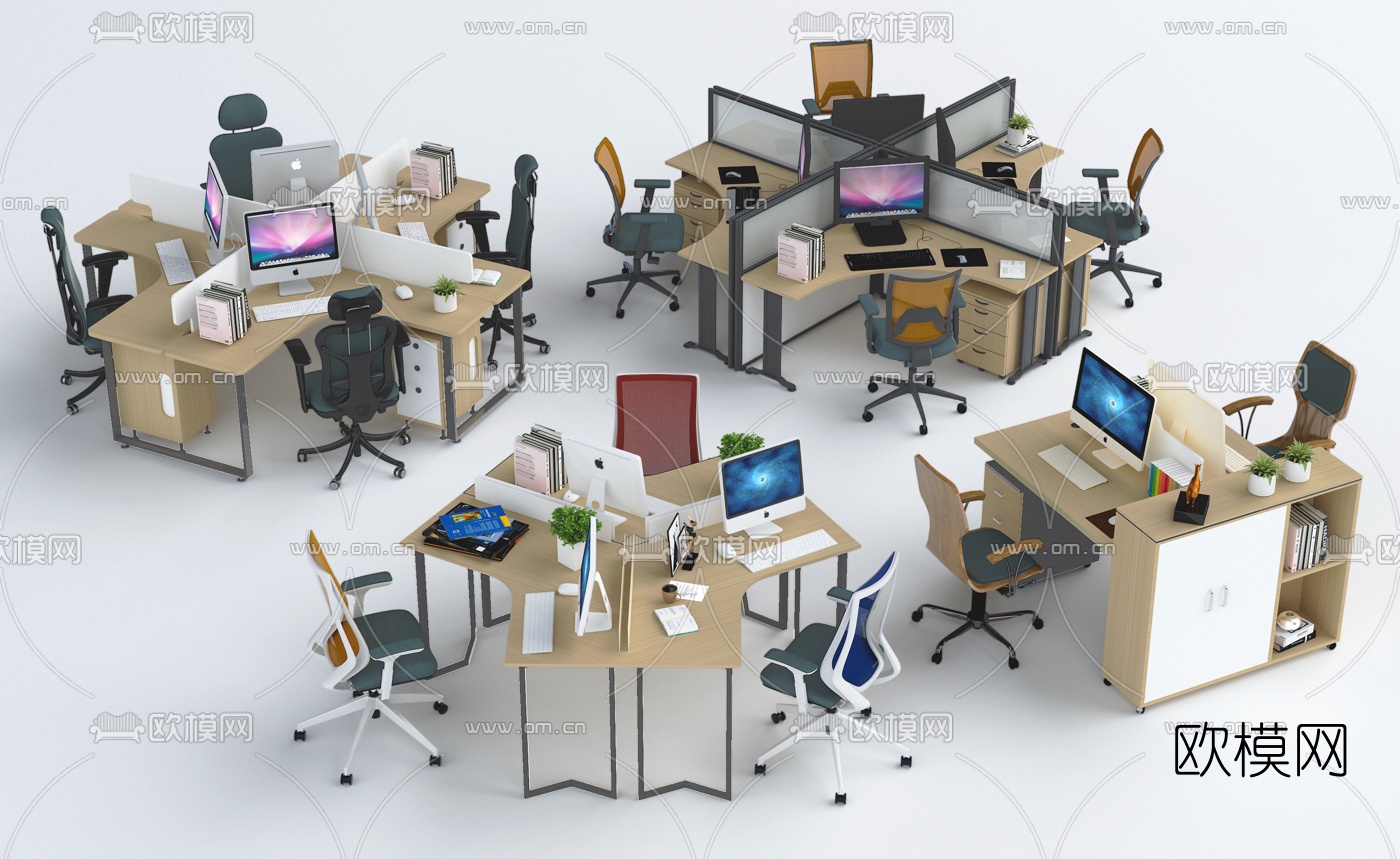 现代办公桌组合卡位3d模型下载