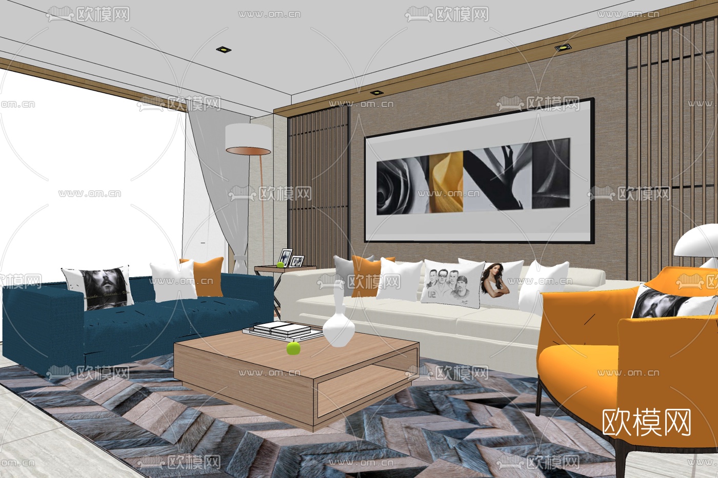 新中式客厅免费su模型下载