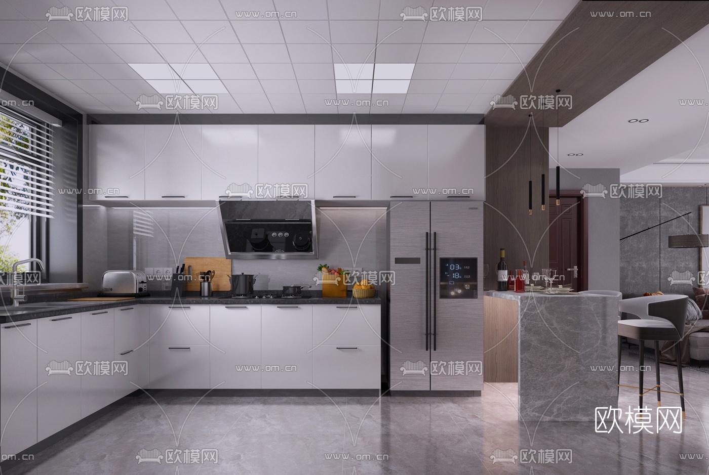 现代客厅餐厅厨房3d模型