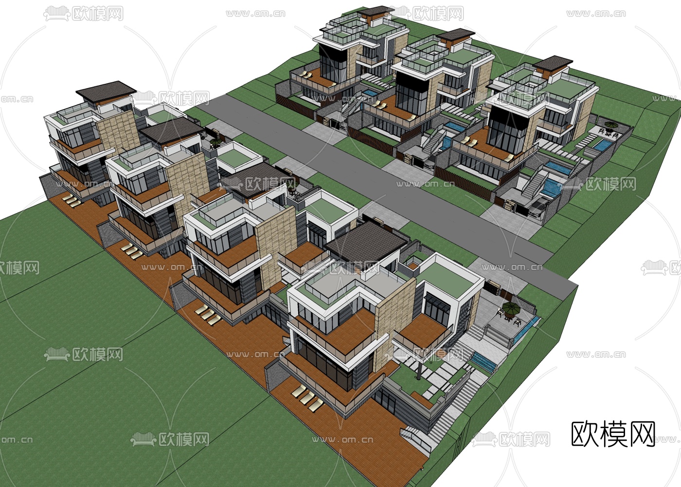 新中式别墅鸟瞰规划免费su模型下载