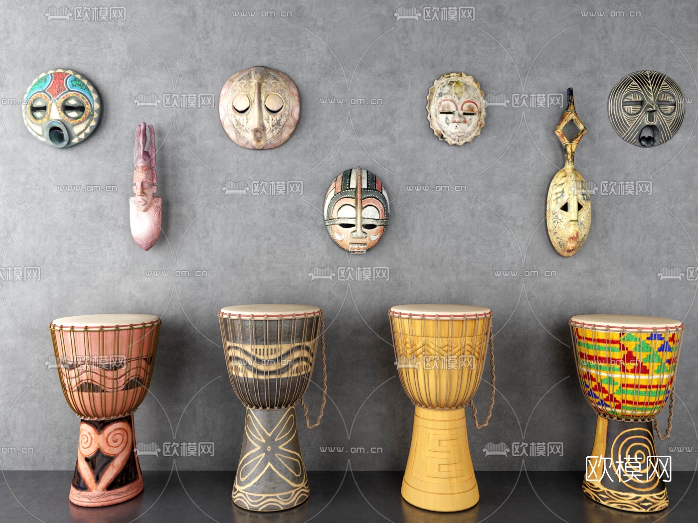 东南亚手鼓挂件组合3d模型下载