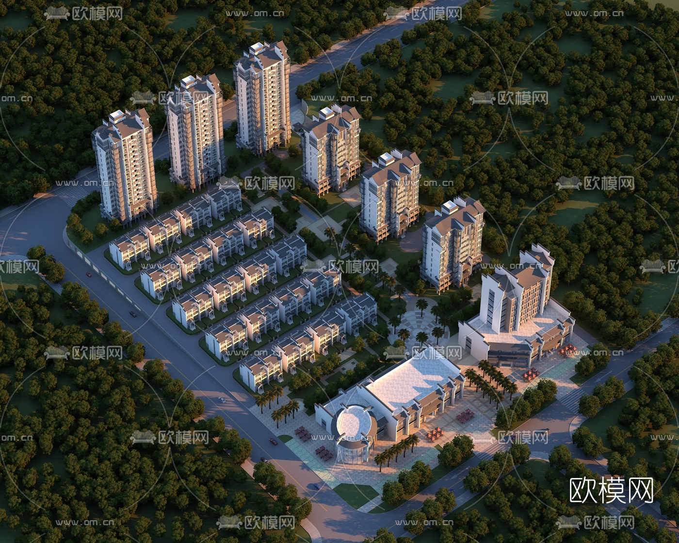 新中式住宅小区鸟瞰3d模型下载