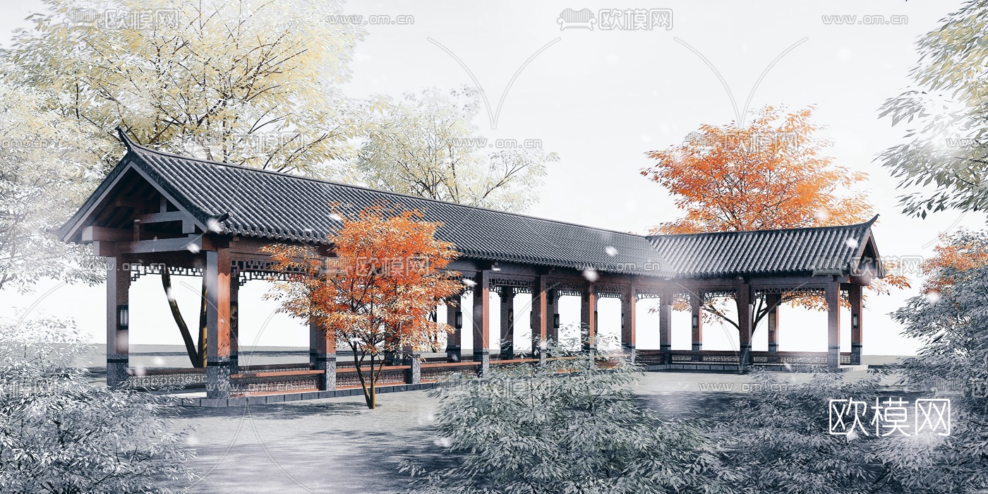 中式观景长廊3d模型下载