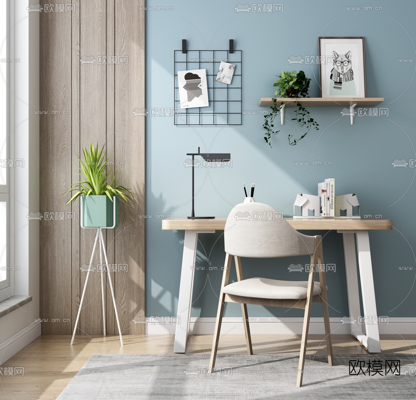 北欧原木书桌椅3d模型下载（渲染图1）