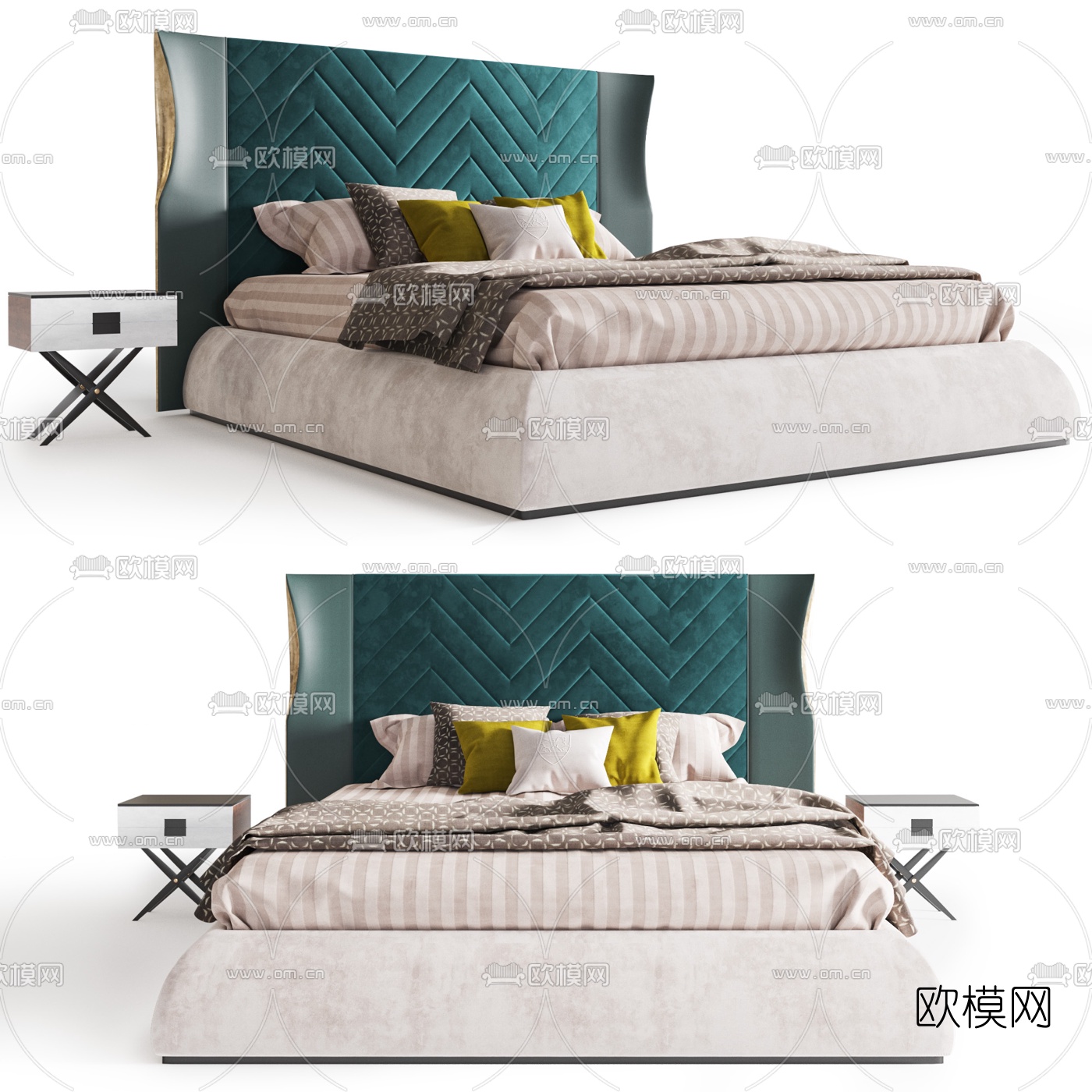 现代布艺双人床3d模型下载（渲染图1）