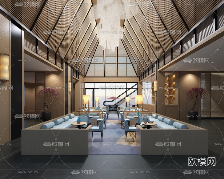 新中式会所大堂吧3d模型下载