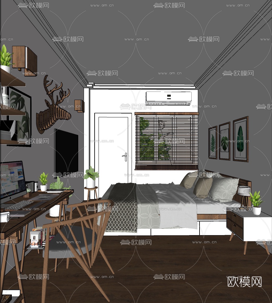 北欧卧室su模型下载（渲染图1）