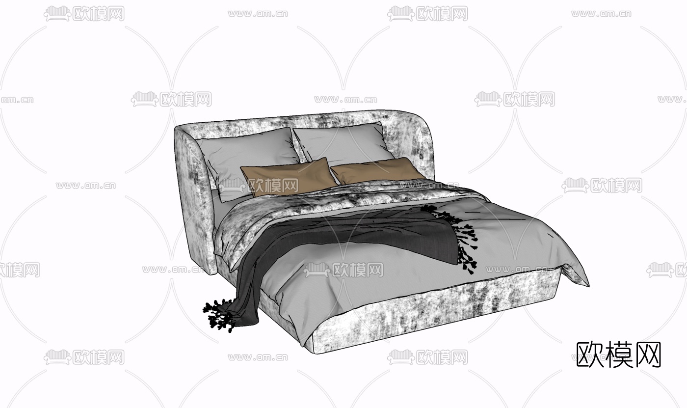 现代布艺双人床免费su模型下载